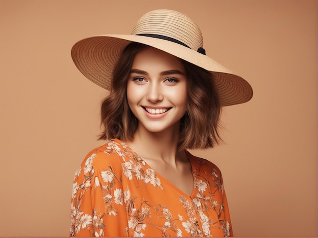 Una ragazza ha un bel taglio di capelli indossa abiti di alta qualità arancione di tendenza e cappello rotondo