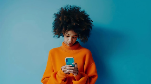 Una ragazza hipster soddisfatta con un taglio di capelli afro scrive un messaggio sul cellulare e si diverte con l'AI generativa