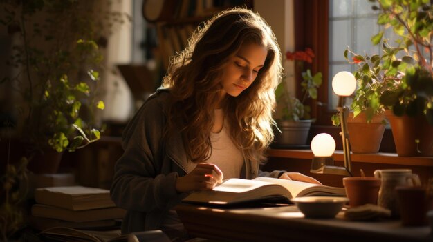 Una ragazza immersa in un romanzo nella sua stanza