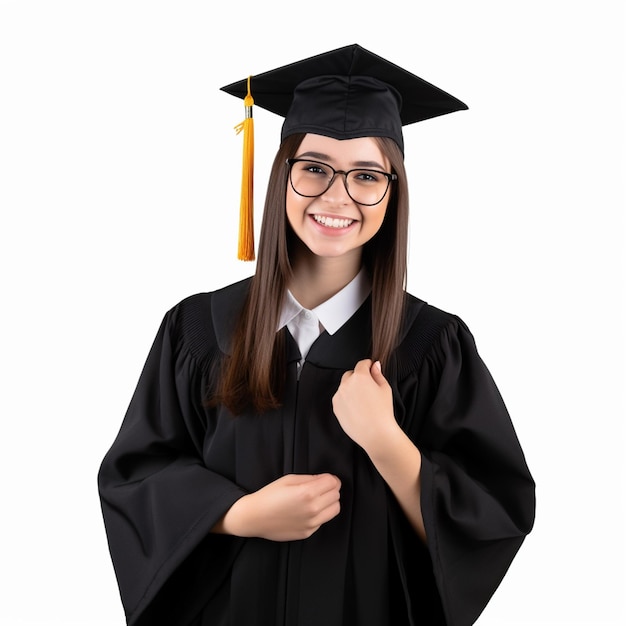 Una ragazza in abito da laurea e berretto sorride alla telecamera.