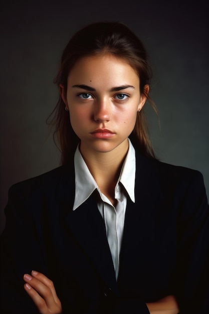 Una ragazza in abito nero e camicia bianca sta guardando la telecamera.