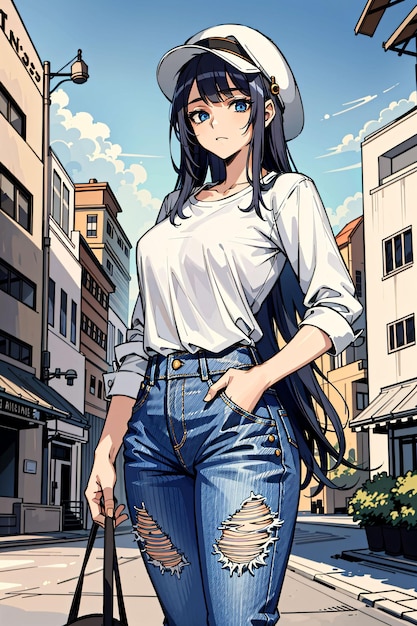 Una ragazza in blue jeans si trova in una strada con un edificio sullo sfondo.