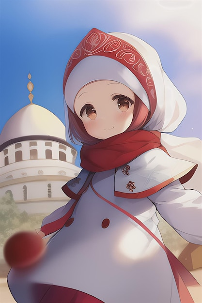 Una ragazza in camice bianco con una sciarpa rossa e un cappello bianco con sopra la scritta "la parola"