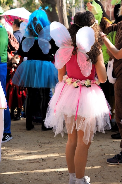 Una ragazza in costume da fata rosa con un vestito rosa e ali blu.