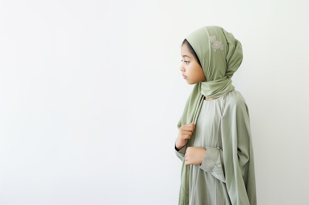 Una ragazza in costume musulmano verde salvia