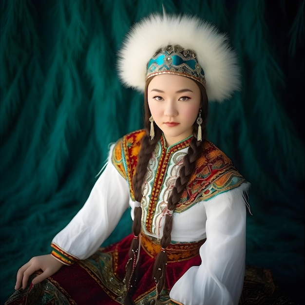 Una ragazza in costume tradizionale con la parola yakutia sul davanti.