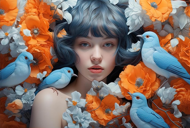 una ragazza in fiori blu con una faccia piena nello stile del bianco scuro e dell'arancione chiaro
