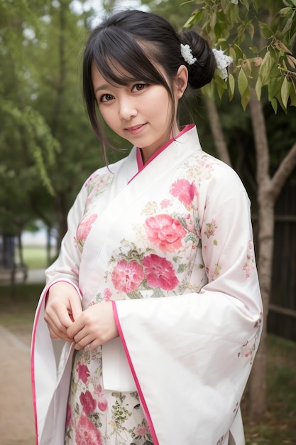 Una ragazza in kimono bianco con fiori rosa sopra.