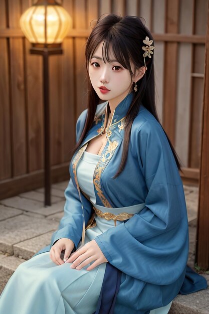 Una ragazza in kimono blu con la parola hanfu sul davanti