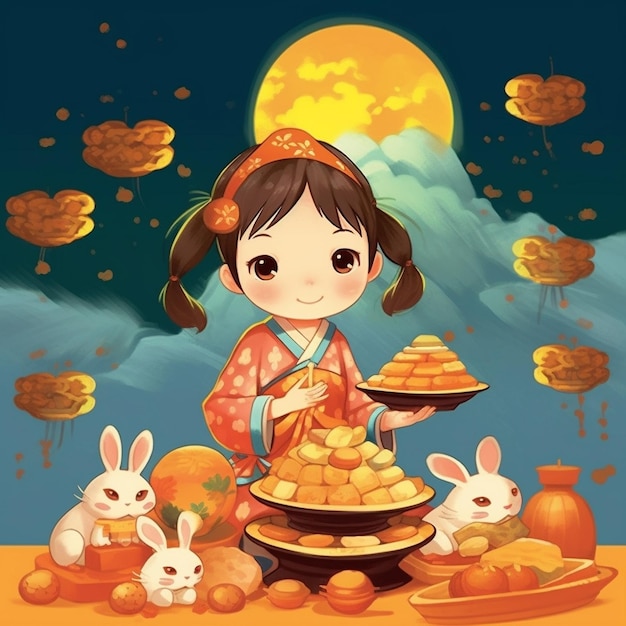 Una ragazza in kimono con i panini e il riso con i banini e una pentola di pesci dorati