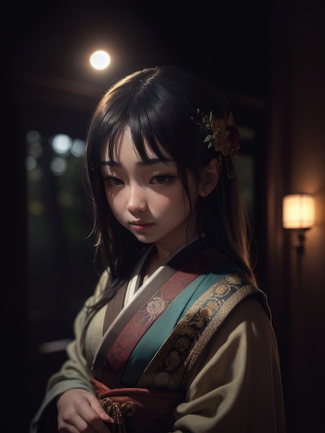 Una ragazza in kimono con il nome sul davanti