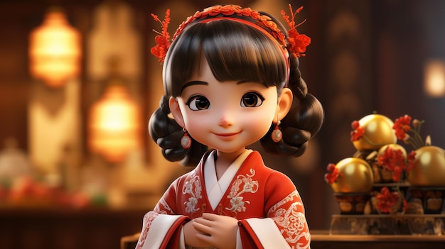 una ragazza in kimono con un fiocco rosso in testa