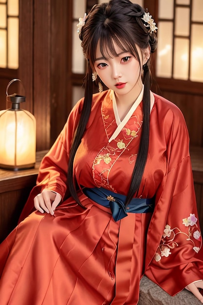 Una ragazza in kimono rosso con la parola hanfu sul davanti.