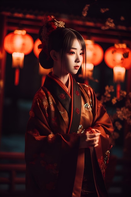 Una ragazza in kimono sullo sfondo delle lanterne cinesi Generative AI 2