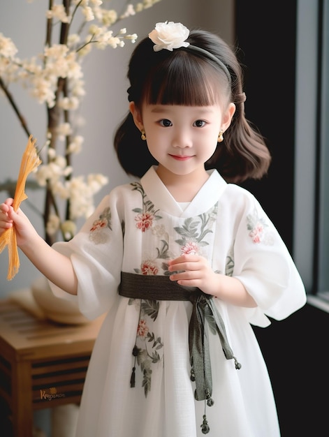 una ragazza in kimono tiene in mano un bastone giallo.