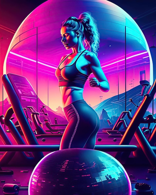 Una ragazza in palestra al neon con luci al neon sul muro e un barbell e un tapis roulant