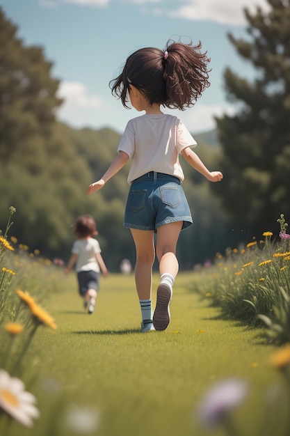 Una ragazza in pantaloncini e camicia bianca cammina lungo un sentiero con un ragazzo che le corre dietro.