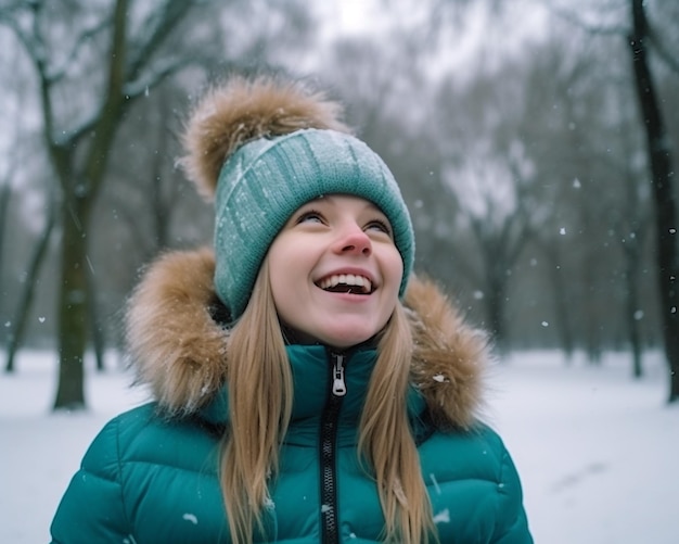 Una ragazza in piedi in un parco invernale con una giacca invernale e un berretto foto stock djsansino immagine natalizia illustrazione fotorealista