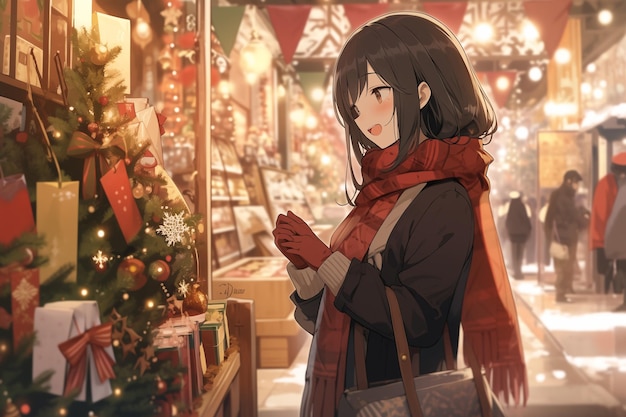 Una ragazza in stile manga che compra regali per Natale
