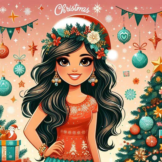 Una ragazza in stile poster di Natale che indossa un albero, alberi di festa e palla sullo sfondo