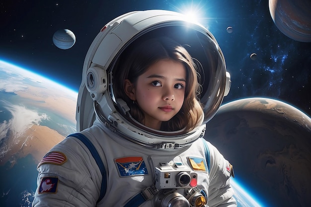 Una ragazza in tuta spaziale con un pianeta sullo sfondo