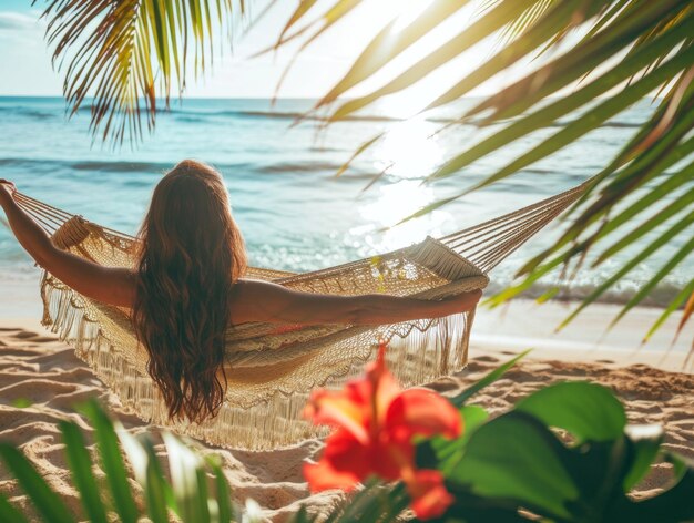 una ragazza in un'amaca sulla spiaggia palme mattutine fiori tropicali colori vivaci