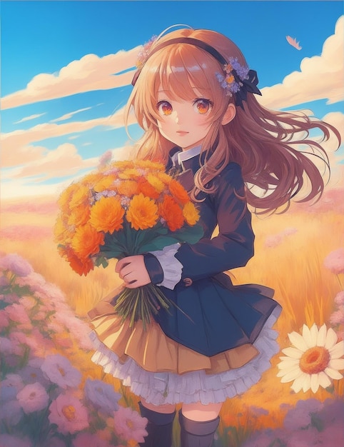 Una ragazza in un campo di fiori che tiene un bouquet di fiori AI generativa
