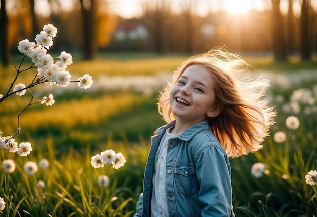 una ragazza in un campo di fiori con il sole che tramonta dietro di lei