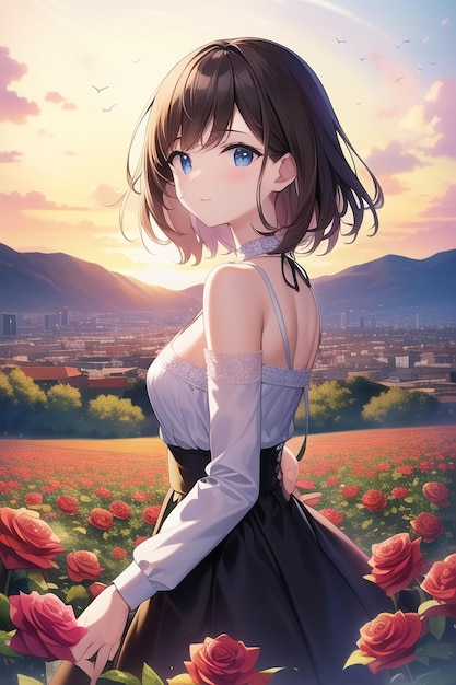 Una ragazza in un campo di fiori con un tramonto sullo sfondo.