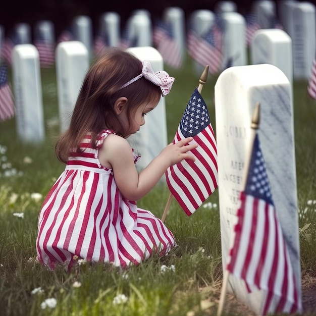 Una ragazza in un cimitero con una bandiera americana che celebra il Memorial Day