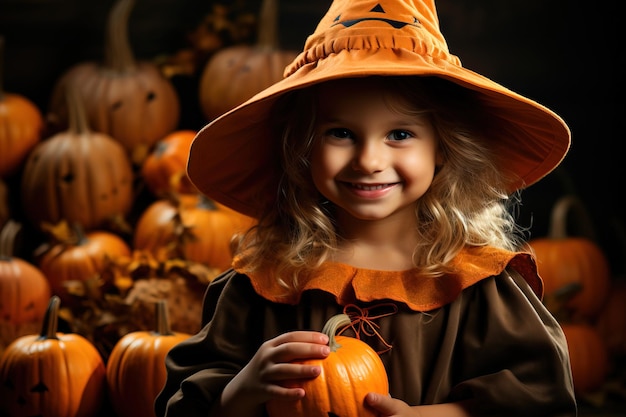 Una ragazza in un costume da strega nera con un cappello da strega arancione che tiene una zucca Halloween