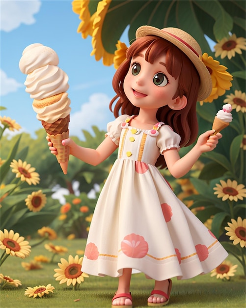 una ragazza in un giardino con un cono gelato