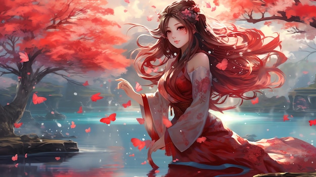 Una ragazza in un vestito rosso cammina in un'illustrazione di anime di stagno