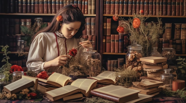 Una ragazza in una biblioteca con libri sugli scaffali