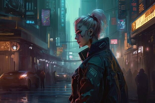 Una ragazza in una città con un'insegna al neon con scritto cyberpunk sul davanti.