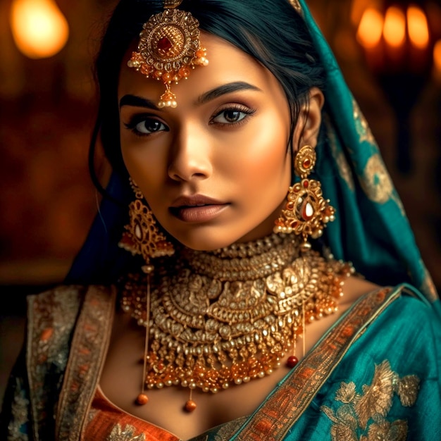 Una ragazza indiana che indossa un sari indiano e gioielli in oro