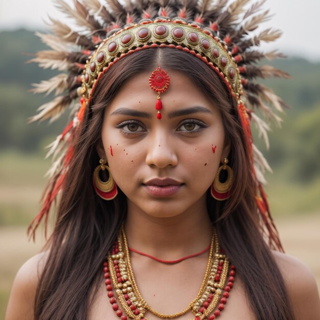 Una ragazza indiana con un copricapo rosso e un copricopo rosso sta guardando la telecamera