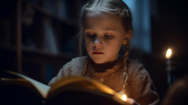 Una ragazza legge un libro in una stanza buia.