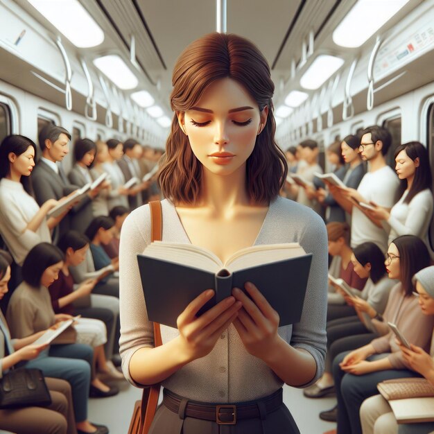 Una ragazza legge un libro mentre si trova in un vagone della metropolitana