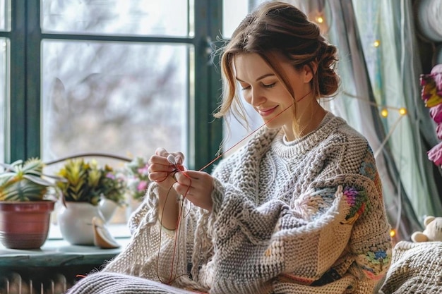 Una ragazza maglia una foto di un maglione in un'atmosfera casalinga