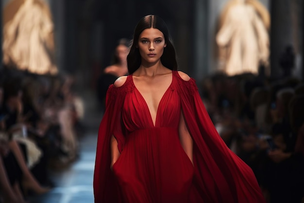 Una ragazza modello cammina lungo la passerella in un abito rosso a una sfilata di modaIllustrazione AI generativa Settimana della moda