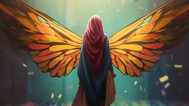 Una ragazza musulmana con l'hijab e le ali di farfalla si trova di fronte a una luce luminosa