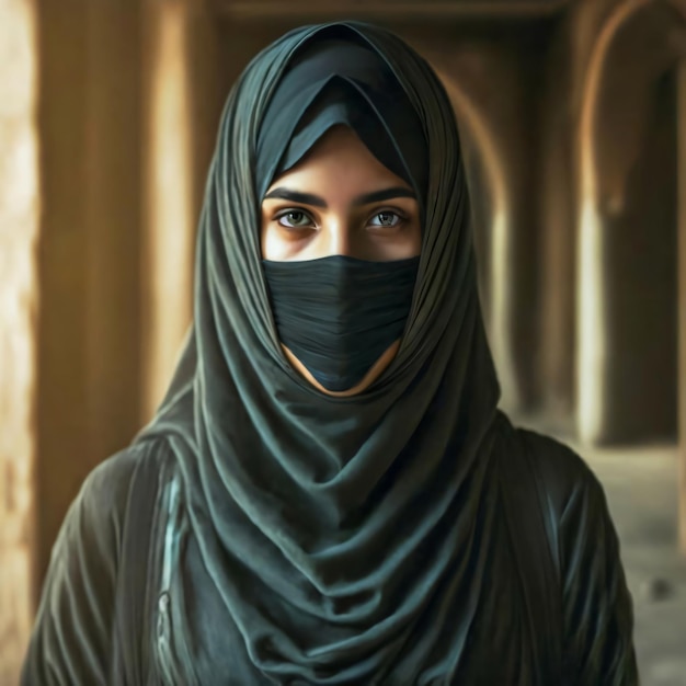 Una ragazza musulmana con un hijab nero e un niqab