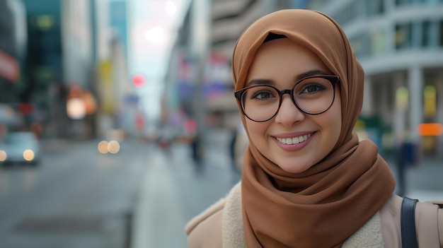 Una ragazza musulmana felice e sicura che indossa un velo hijab sulla testa cammina nel mezzo di una strada trafficata