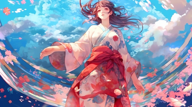 Una ragazza nell'illustrazione dell'anime del kimono