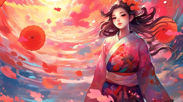 Una ragazza nell'illustrazione dell'anime del kimono