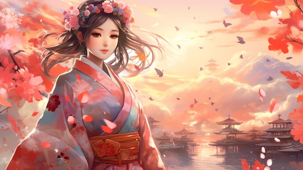 Una ragazza nell'illustrazione dell'anime del kimono