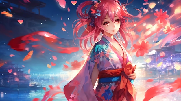 Una ragazza nell'illustrazione dell'anime del kimono