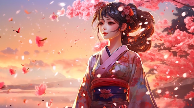 Una ragazza nell'illustrazione dell'anime del kimono