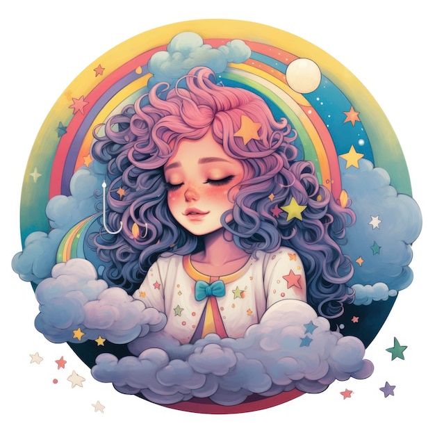 Una ragazza nera carina, una luna arcobaleno con stelle e nuvole.